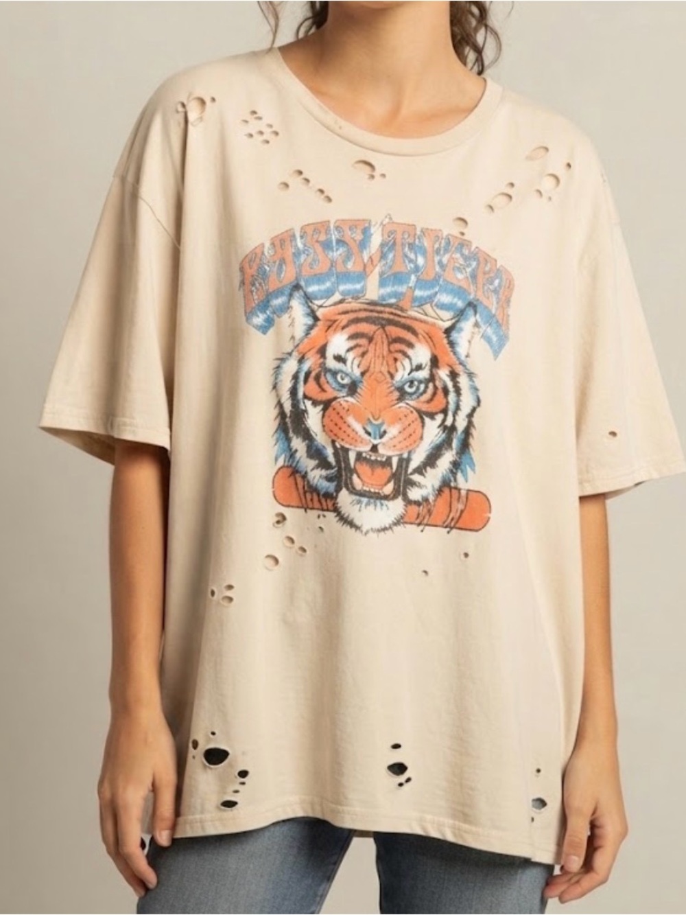 Zutter Oversized Indie Sleaze ‘Easy Tiger’ Grunge Distressed Graphic Tee small